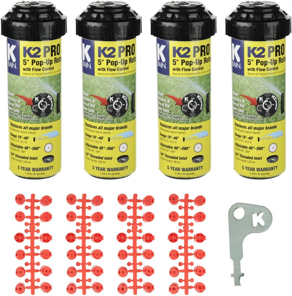 K Rain K2 Pro 3/4 Gear Drive Rotor 5 Pop-Up| 18' - 40' Spray Distance, 40° - 360° Arc Spray Pattern with Full-Circle Gear Driven Rotor | Includes Install Kit (4 Pack)